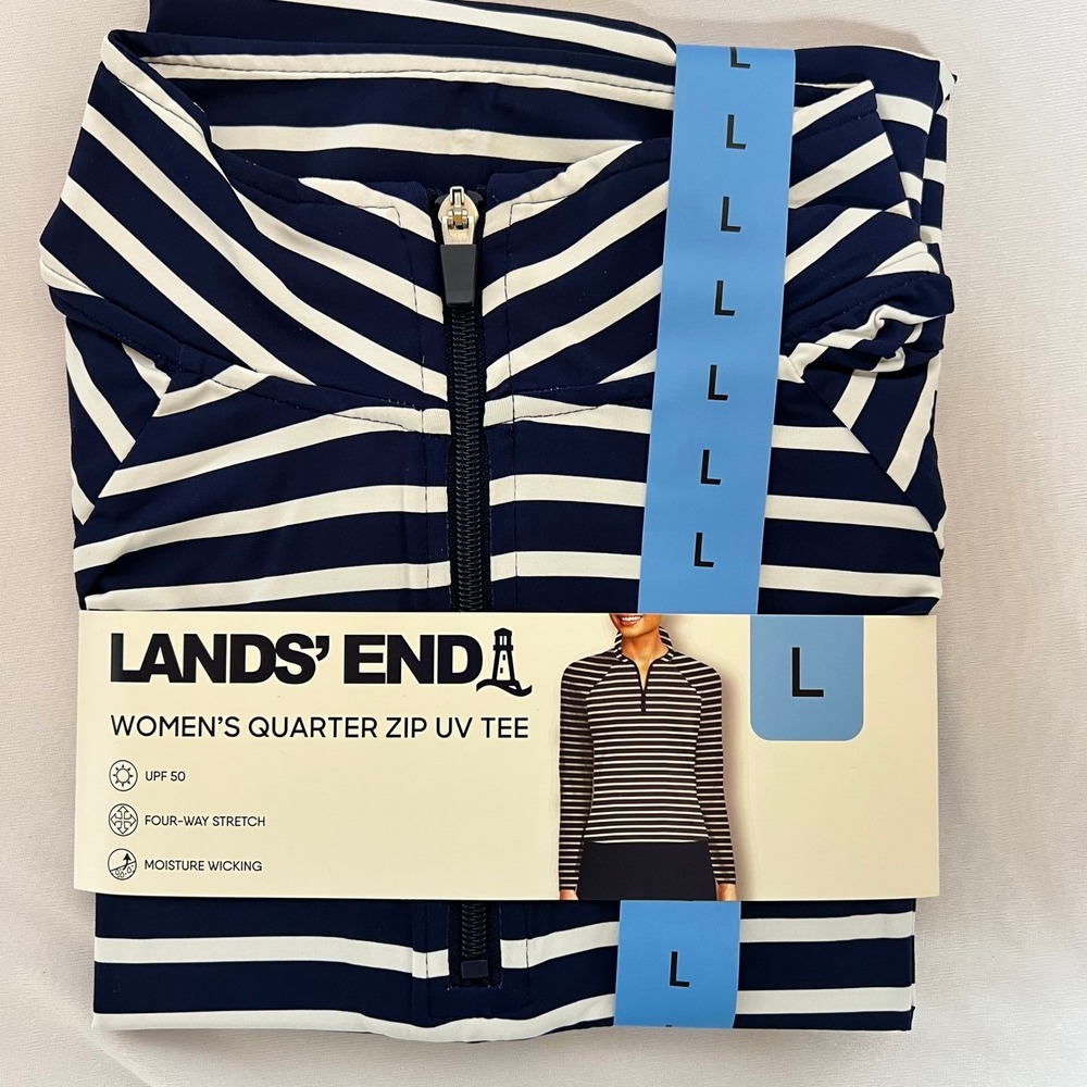 Lands End Womens Quarter Zip UV Tee Navy White Striped UPF 50 Long Sleeve Large - Picture 4 of 9